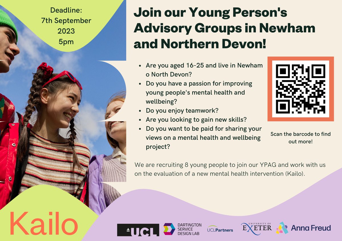 Kailo- improving adolescent mental health (@kailocommunity) on Twitter photo 📢We are recruiting 8 young people to join our Advisory Groups in #Newham & #NorthernDevon for the evaluation of <a href="/KailoCommunity/">Kailo- improving adolescent mental health</a> #mentalhealth !📢Our deadline is the 7th of September, please see kailo.community/ypag/ or scan the barcode below to find out more 😀 📢We are recruiting 8 young people to join our Advisory Groups in #Newham & #NorthernDevon for the evaluation of <a href="/KailoCommunity/">Kailo- improving adolescent mental health</a> #mentalhealth !📢Our deadline is the 7th of September, please see kailo.community/ypag/ or scan the barcode below to find out more 😀