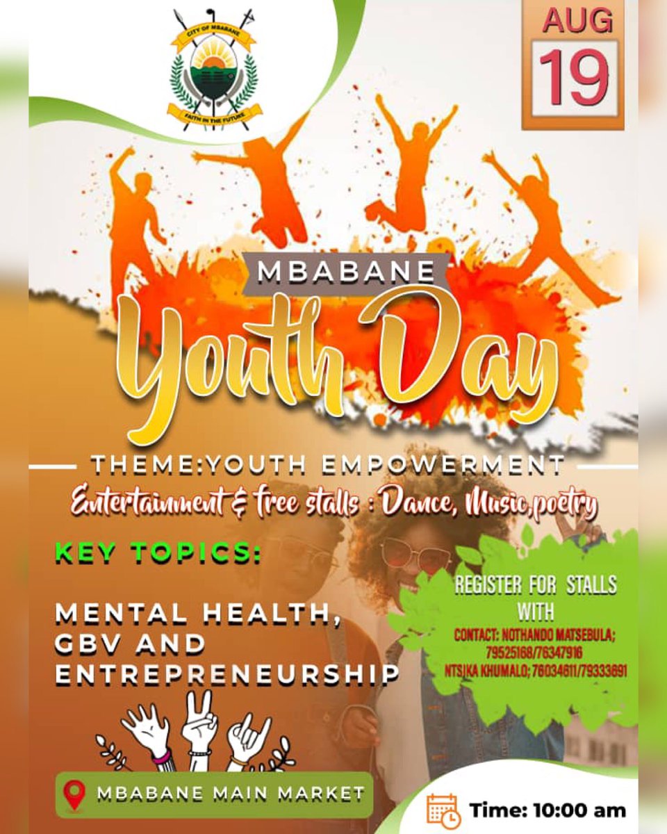 Thanks to Mbabane Municipal Council for the Youth Day event. Active youth participation is vital for true empowerment. Showcase your talents and skills. Also, apply for a stall at the event. Let's make this an extraordinary celebration of youth empowerment! See you there! 😁💙