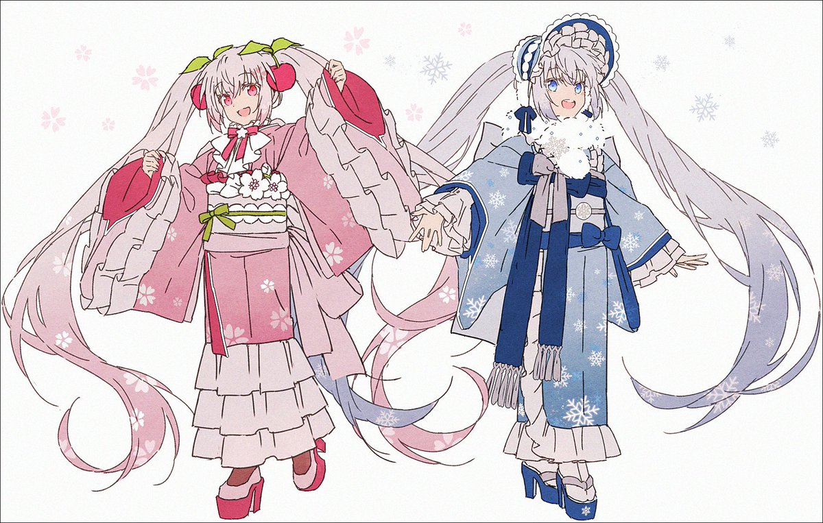 hatsune miku ,sakura miku ,yuki miku kimono multiple girls japanese clothes pink kimono 2girls twintails sash  illustration images