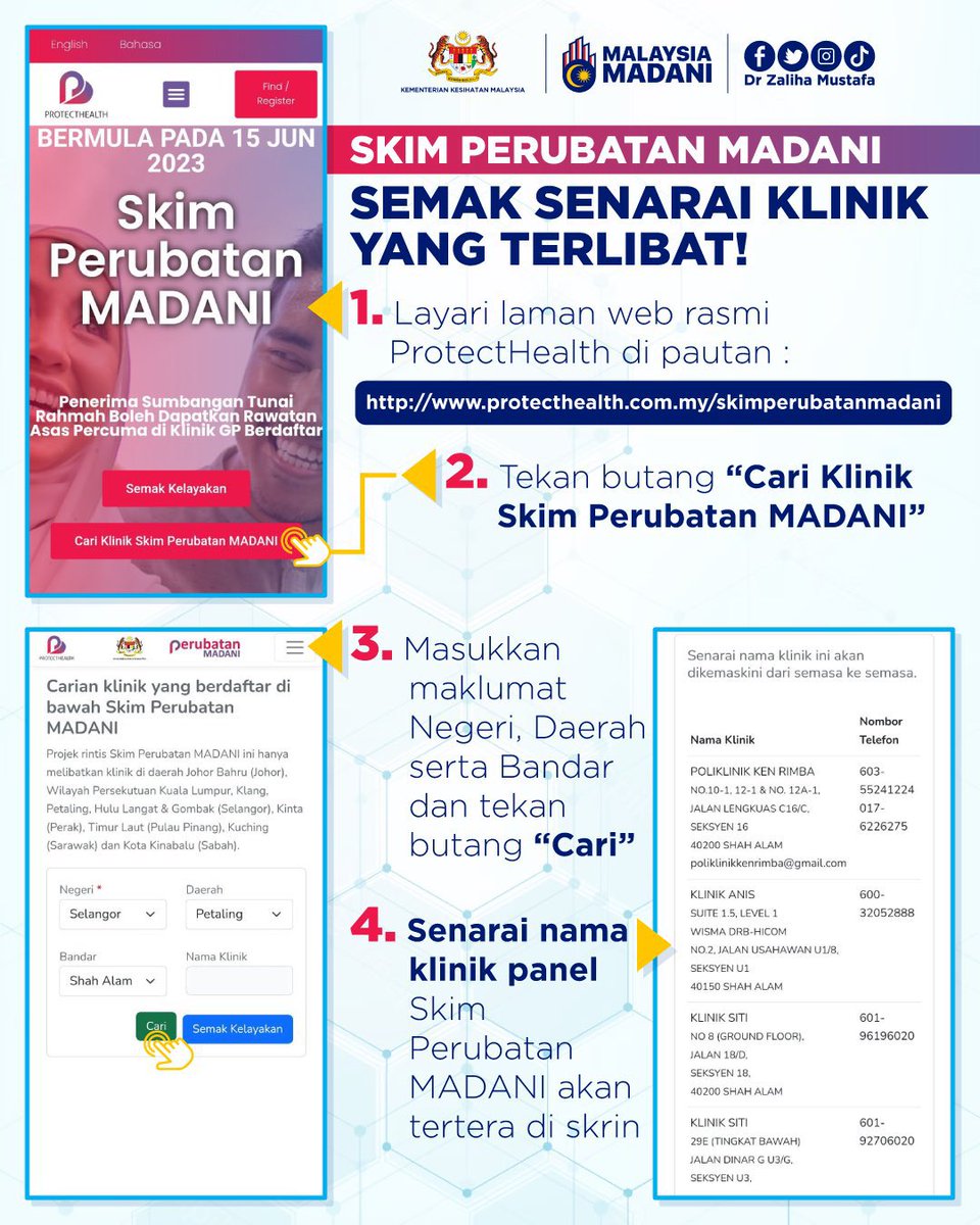 TeamDrZaliha's tweet photo. Demam, sakit kepala &amp; kes sakit ringan? Boleh ke Klinik Swasta terpilih tanpa dikenakan bayaran.

Skim Perubatan MADANI (SPM) sudah memasuki FASA 2. Penambahan beberapa tempat.

Masukkan nombor kad pengenalan anda sahaja untuk semak kelayakan Skim Perubatan MADANI anda. ♥️🇲🇾 https://t.co/wCyo1rW7fi