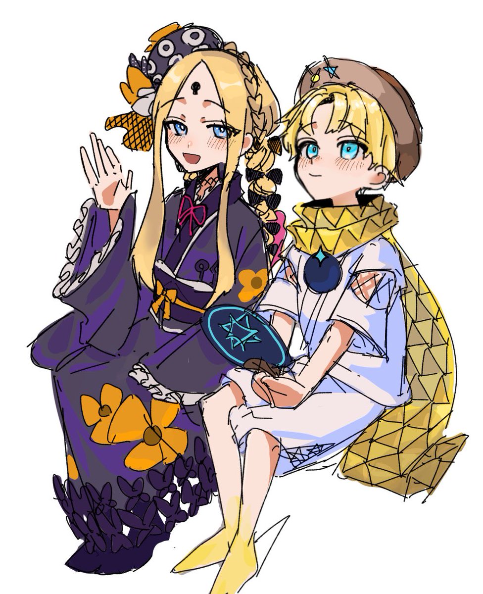 abigail williams (fate) blonde hair yellow scarf 1girl 1boy scarf blue eyes japanese clothes  illustration images
