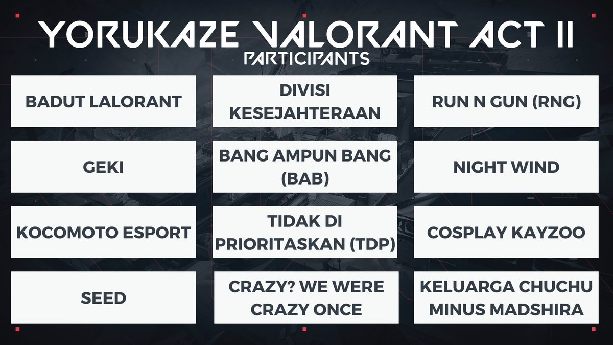 YkzProduction's tweet image. We are pleased to announce that these 12 teams will be participating in the Yorukaze Valorant Act 2!