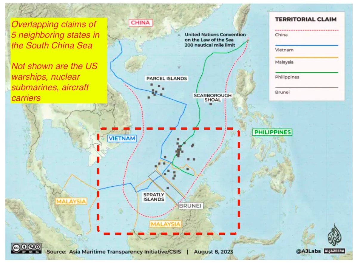 idsicenter's tweet photo. Overlapping claims of 5 neighboring states in SCS: #Philippines, #China, #Vietnam, #Malaysia, #Brunei… Not shown are US warships, submarines, aircraft carriers ... Ayungin Shoal is in the Spratly Islands. Vietnam claims the whole Spratly #NowYouKnowPH #HistoryPH https://t.co/DKLTq93QHr