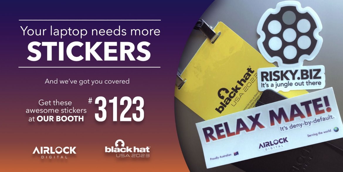 Airlock Digital (@airlockdigital) on Twitter photo Come say Hi tomorrow at the Blackhat expo hall tomorrow. Home of the offical <a href="/riskybusiness/">Patrick Gray</a> sticker 😂 Come say Hi tomorrow at the Blackhat expo hall tomorrow. Home of the offical <a href="/riskybusiness/">Patrick Gray</a> sticker 😂
