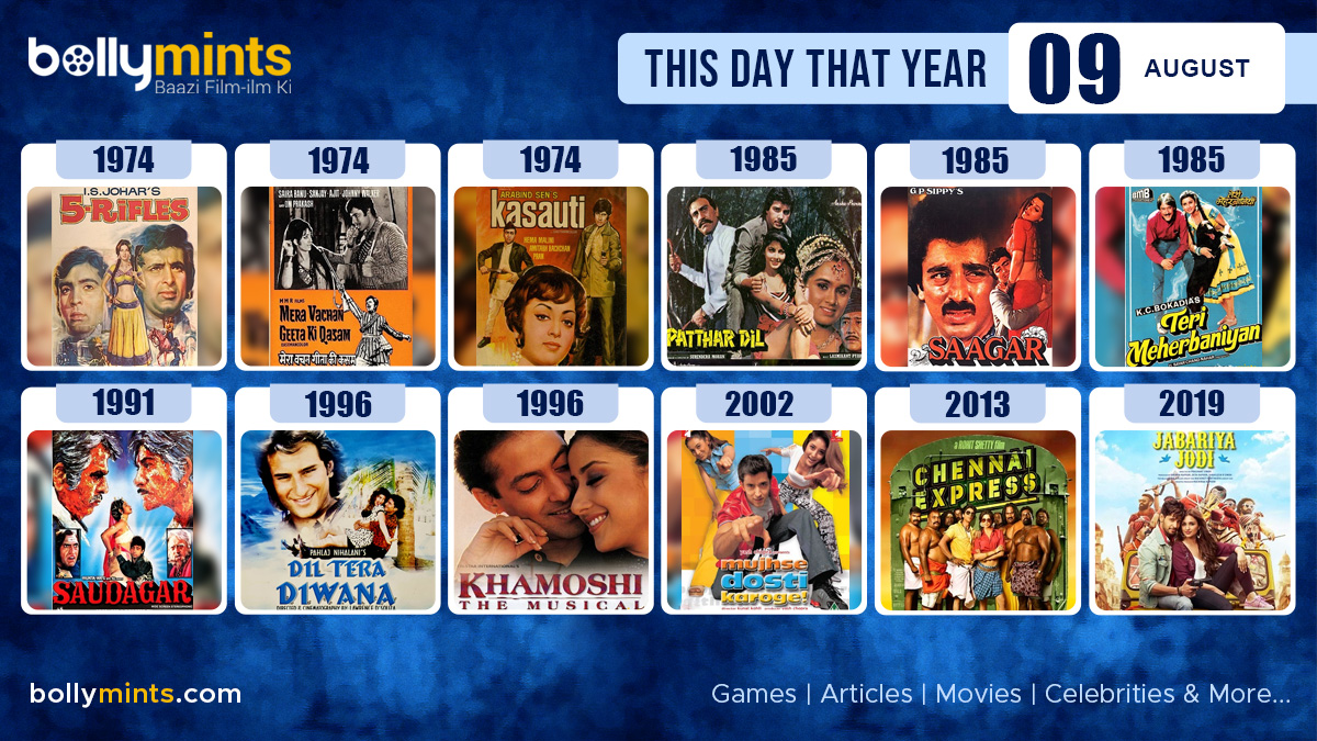 BollyMints's tweet photo. Here are the few #BollywoodMovies released on this day. Stay tuned at https://t.co/ohKmuyqHCy for more #updates #ThisDayThatYear #9August #5Rifles #Kasauti #PattharDil #Saagar #TeriMeherbaniyan #Saudagar #DilTeraDeewana #Khamoshi #MujhseDostiKaroge #ChennaiExpress #JabariyaJodi https://t.co/MJZjtbuWMP