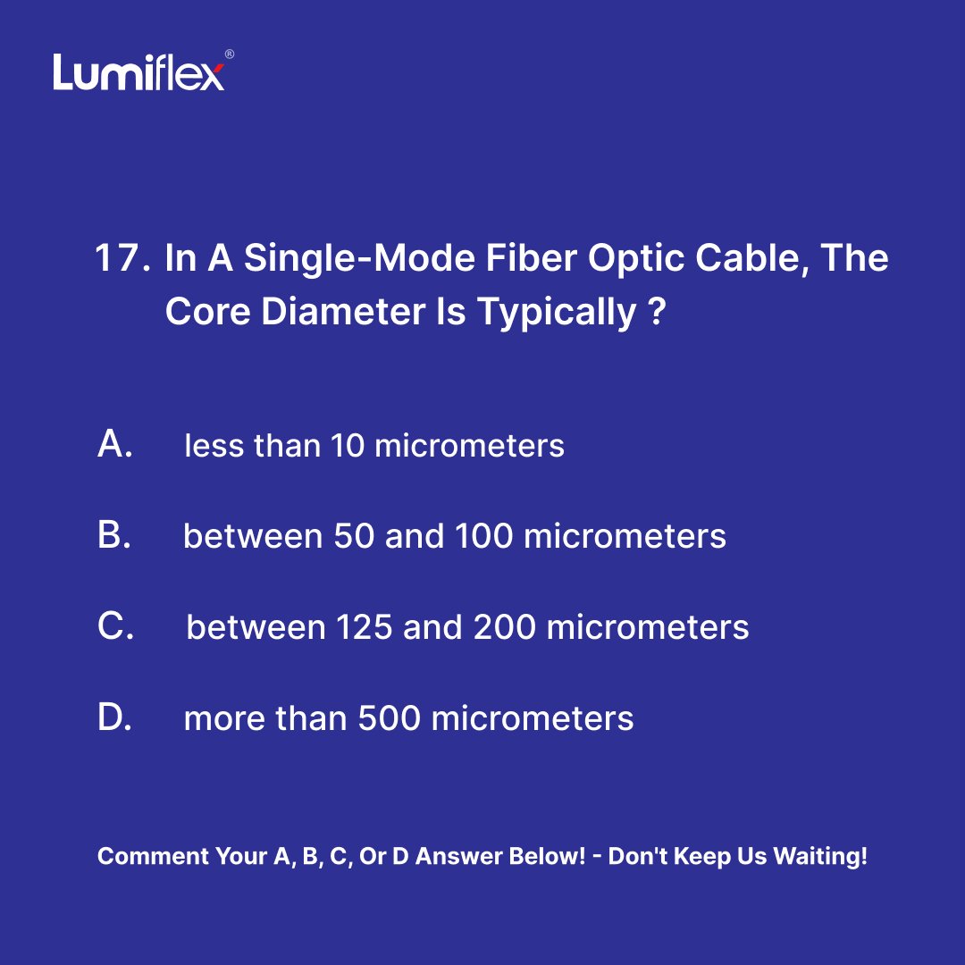 lumiflex_c's tweet photo. Q&A 17) In a single-mode fiber optic cable, The core diameter is typically?
Comment Answer!
Visit our website:- https://t.co/7fxzqfIOTr
Contact no:- 9833834019 / 7021969960
Email id:- sales@lumiflex.in
#FiberCables #lancable #cable #cables #wires #wire #fiberopticcable https://t.co/br5uekdGn9