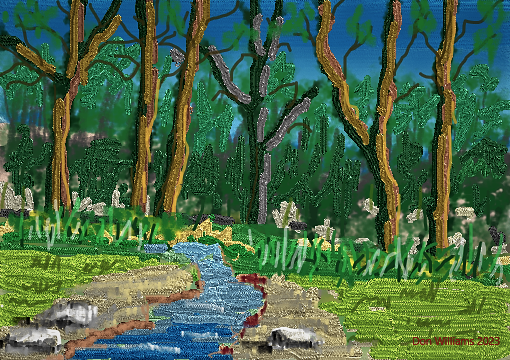 DonWilliams14's tweet photo. Trees and Stream, simulated oil painting #art,#painting,#digitalart,#MSpaint3dFirst attempt to simulate oil painting digitally, took me about 3 .5 hours to complete, constructive comments would be appreciated, art is joy, Artist Don https://t.co/rBXLHL72yN