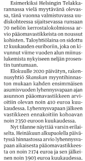 Aamun Kauppalehdessä oli valaiseva esimerkki rahoitusvastikkeiden noususta. Ei ole ihme, että asuntokauppa on hyytynyt.