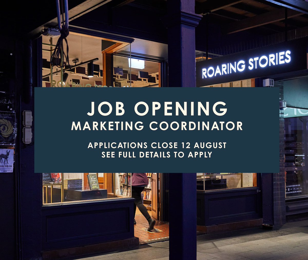 Only a few more days to apply for the role of Marketing Coordinator at Roaring Stories Bookshop!

Learn more here: roaringstories.com.au/home/job-openi…