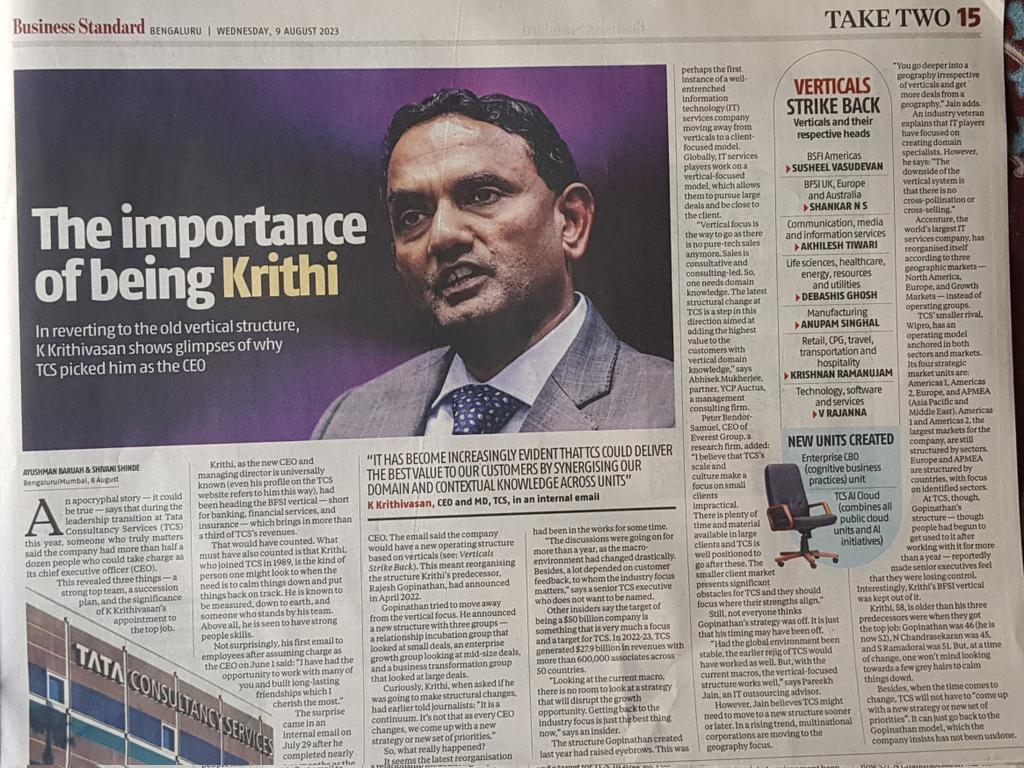 pareekhjain's tweet photo. Kirthi's first major change in @TCS, the new operating structure. A good piece in Business Standard today covering different views including mine.
Link: https://t.co/o79OD1vOxE
@shivaniAshinde
#EIIRTrend #ITServices #OperatingStructure #TCS https://t.co/fCp9LYlPtt
