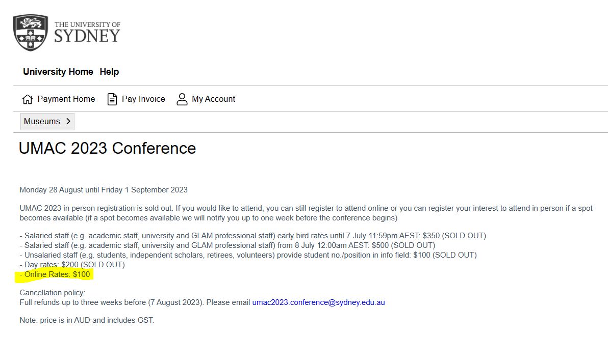 #UMAC2023 is almost here!  in-person registrations are sold out ... looks like online registrations still available though! 

pay.sydney.edu.au/V2Y/booking?UD…