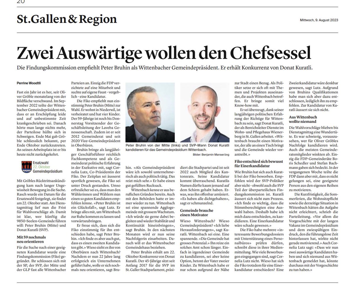 Zwei Auswärtige buhlen um das Wittenbacher Gemeindepräsidium: Donat Kuratli (SVP) und Peter Bruhin (Mitte) kandidieren für Oliver Gröbles Nachfolge tagblatt.ch/ostschweiz/stg…
#wittenbach #gemeindepräsident #wahlkampf #wahlen