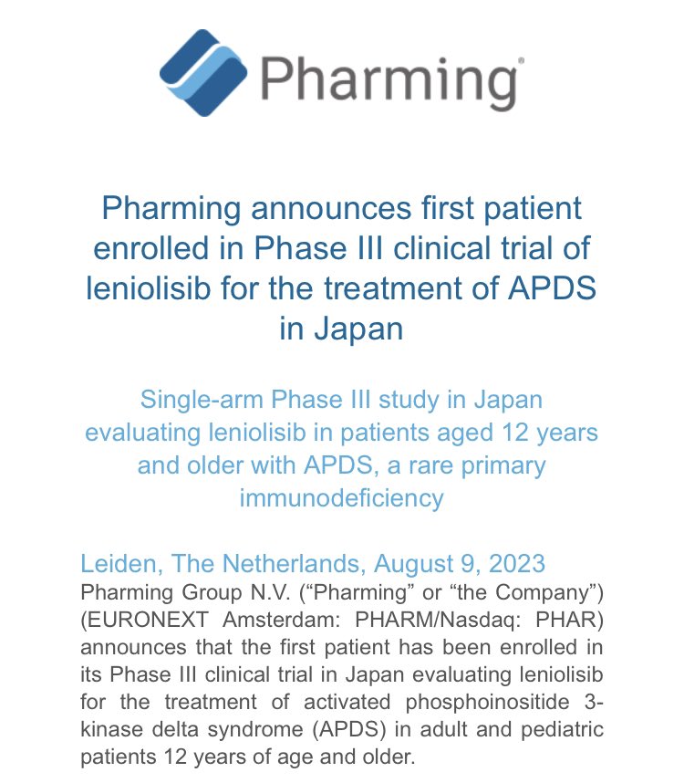 PharmingForum's tweet photo. Pharming announces first patient enrolled in Phase III clinical trial of leniolisib for the treatment of APDS in Japan
$PHAR https://t.co/6FPeOxfR8U