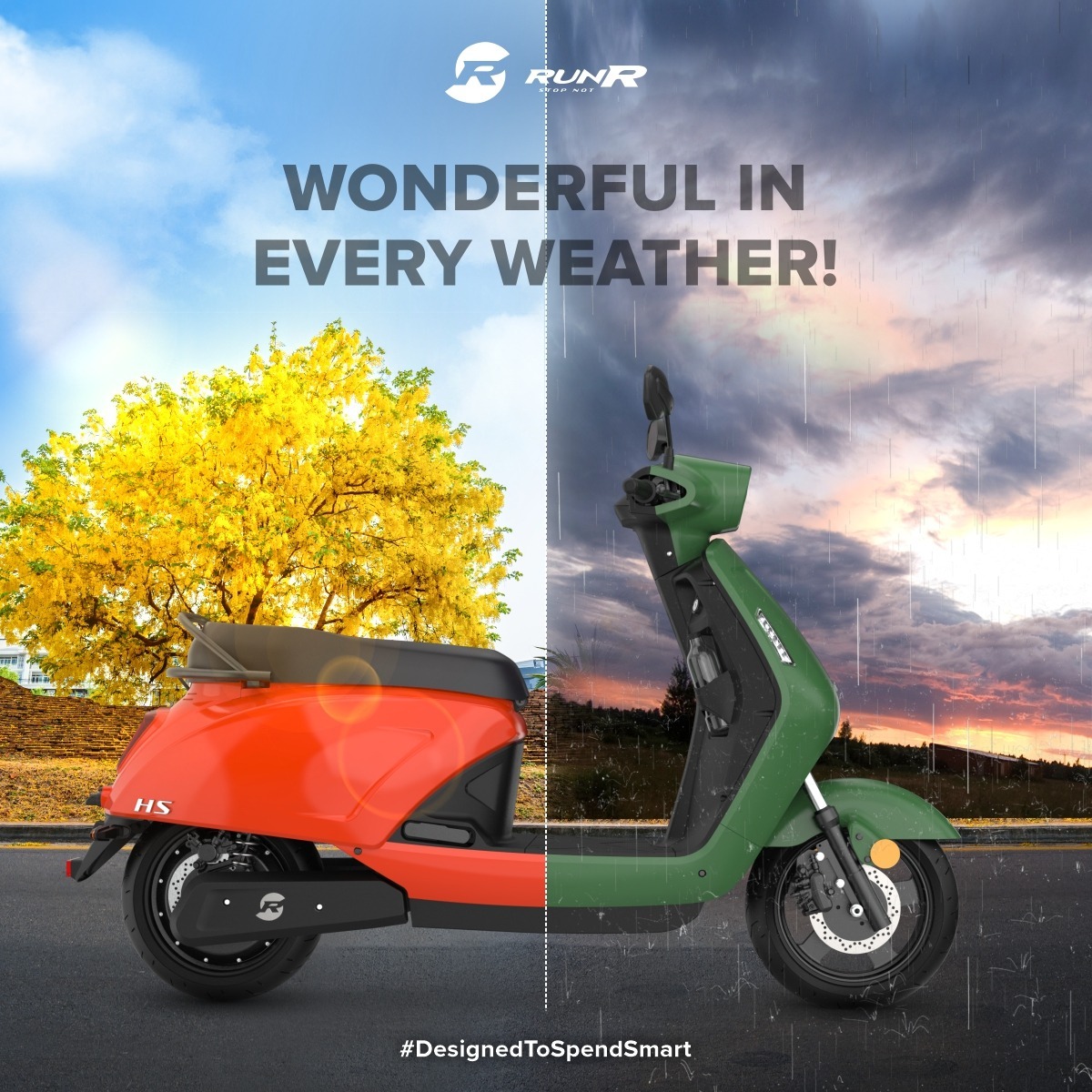 RunRMobility's tweet photo. Be it a gloomy monsoon, a shiny summer, or a chilling winter, with RunR Mobility you can experience the wonder of seamless rides in every weather.

#RunR #RunRMobility #2wheeler #MadeinIndia #StopNot #ElectricVehicle #DesignedToSpendSmart #ColorRange #EV #IndiakaEV #EVIndia https://t.co/hRqk2IHxL9