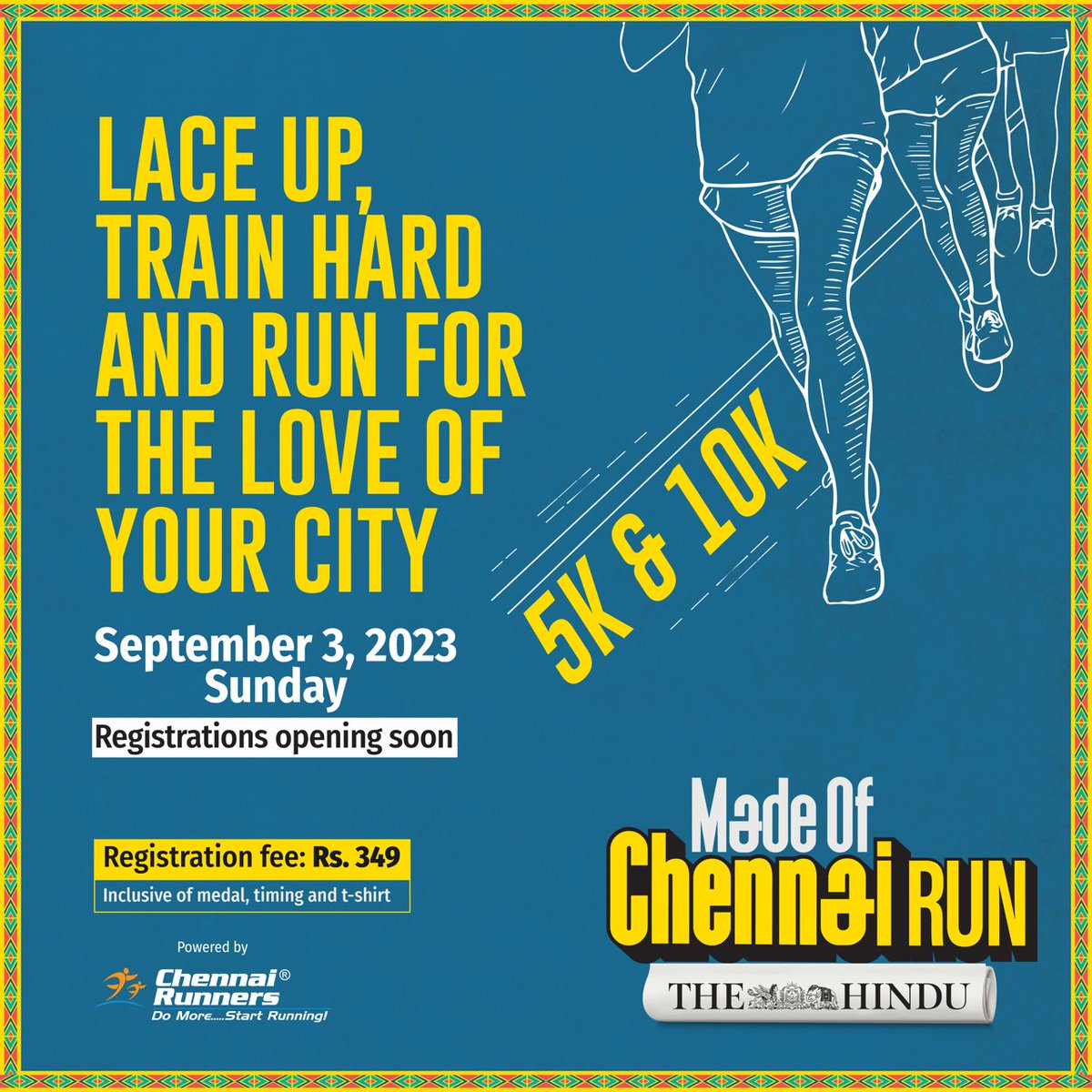 Join @the_hindu  #MadeofChennai Run, powered by #ChennaiRunners, and embrace the thrill of the run!
Mark your calendars for Sunday, September 3, 2023, and get ready to conquer the track in the heart of Chennai. Register Now :

reg.myraceindia.com/MRTS/MOCR23