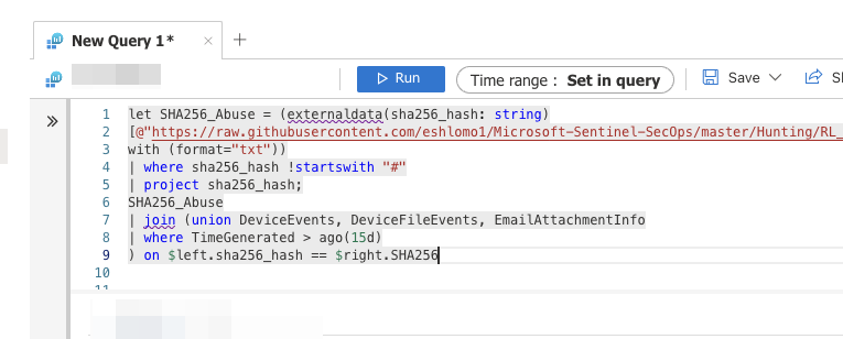 ellishlomo's tweet photo. Analyzing security data by joining recent malicious SHA256 hashes from external data with specific tables. Filtering and extracting key fields to detect potential threats. 

let SHA256_Abuse = (externaldata(sha256_hash: string)
[@"https://externaldta.txt/"]
with (format="txt"))
| where sha256_hash !startswith "#"
| project sha256_hash;
SHA256_Abuse
| join (union DeviceEvents, DeviceFileEvents, EmailAttachmentInfo
| where TimeGenerated > ago(15d)
) on $left.sha256_hash == $right.SHA256

#ThreatDetection #kql