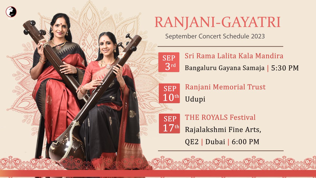 ranjanigayatri's tweet photo. After a break, excited to resume concerts with these very special ones in Bengaluru, Udupi and Dubai!
#september2023 #RanjaniGayatri #concertschedule #kutcheri #RaGaLive https://t.co/akpO1qYSvb
