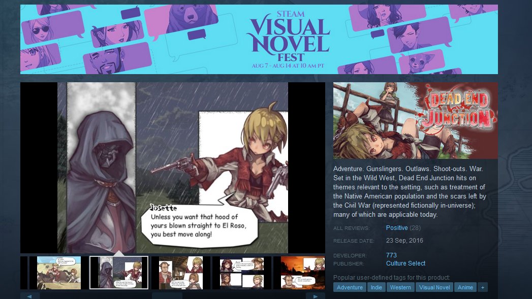 culture_select's tweet photo. Yee-haw!🤠 Wild West visual novel Dead End Junction is 50% off till Aug 14th! Celebrate #VisualNovelFest with Culture Select~: https://t.co/O67E8JHoNw https://t.co/lFrkzUEk21