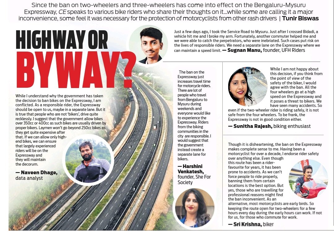 XpressBengaluru's tweet photo. Since the ban on two-wheelers and three-wheelers has come into effect on the Bengaluru-Mysuru Expressway, riders in the city spoke with @tunirbee to share their thoughts on the matter 

@santwana99 @Cloudnirad @NewIndianXpress @tniefeatures https://t.co/JhWIMrRpgF