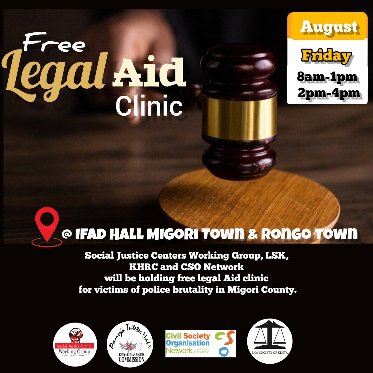 UririSJC's tweet photo. @UhaiWetu @lawsocietykenya ,@thekhrc @CSONetwork will be holding a free legal Aid clinic for victims of police brutality in @IdealMigori
#FreeToProtest 
#NJAARevolution https://t.co/QVghChNnzZ