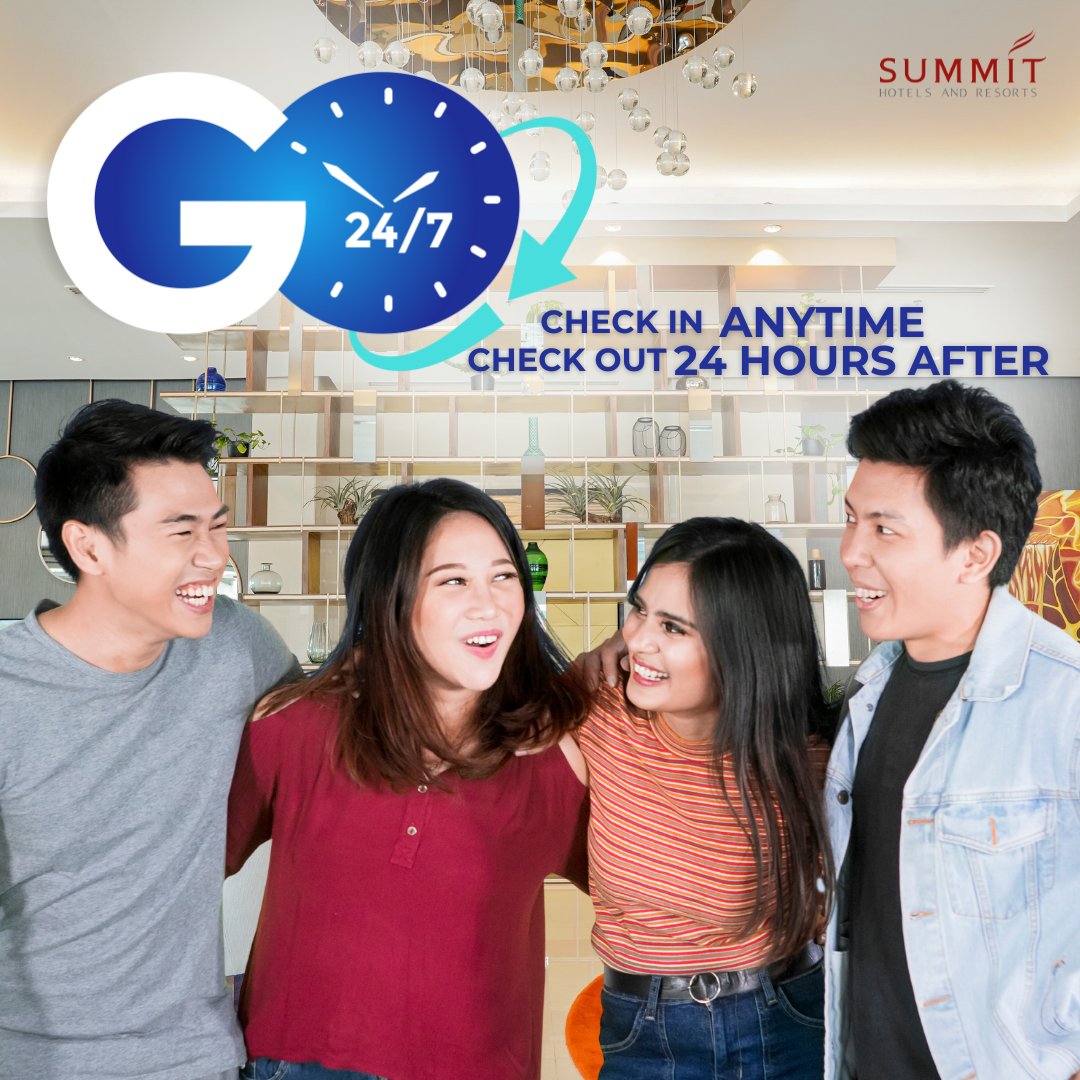 summit_hotels's tweet photo. Summit goes 24/7!
Check in anytime and then check out 24 hours after.

Have #EnrichingMoments 7 days a week with GO 24/7.

Booking and stay period until December 31, 2023
Terms and Conditions apply.

#GO247
#SummitHotelsPH
#SummitHotelsAndResorts
#RobinsonsHotelsAndResorts https://t.co/xl6hLWgFUH