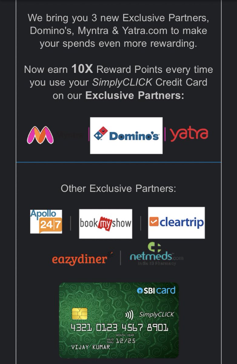 SBI SimplyClick adds 3 new Partners to make your spendings earn 10X Reward Points.

- Myntra
- Dominos
- Yatra

#ccgeek #ccgeeks