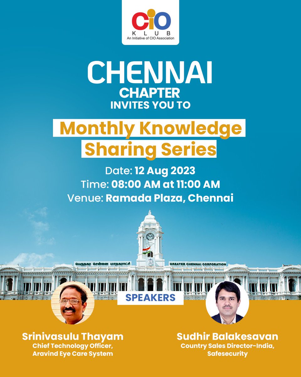CIOAssociation's tweet photo. Join us at Monthly #KnowledgeSharingSeries! On 12 Aug, we will be hosting Mr. Srinivasulu Thayam, CTO of Aravind Eye Care System to throw light on Surface #ContextualLeadership. Our 2nd session will feature Mr. Sudhir Balakesavan, Country Sales Director India at Safesecurity. https://t.co/kMswEhhMS5