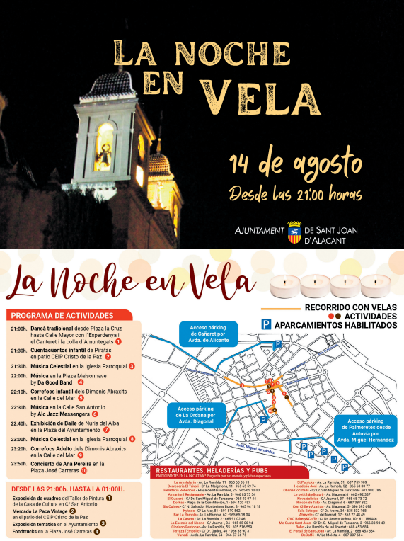 🕯 🕯 Sant Joan comienza a prepararse para pasar la Noche en Vela.

📆 La cita: Lunes día 14 de agosto, víspera de festivo. 
⏰ 21h. 
⏺️ Aquí INFO: Horarios, actividades y establecimientos de hostelería. 🎭🎼🎨🩰⛪️🥓🥗🍚🍤🧀🥖🍩🍻🍹🧉🍦🍮🍧

🔝💃 ¡No os lo podéis perder! 😍🤩