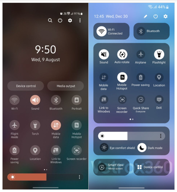 thesammyfans's tweet photo. Samsung Galaxy's Quick Panel Design
L - One UI 5.1 (Official)
R - One UI 6 (recreated by Vetrox360)

Which one do you prefer?
One UI 5.1's = Like ♥
One UI 6.0's = Repost 🔁
#Samsung #OneUI6 #Android14 https://t.co/QzoXbbzJtz