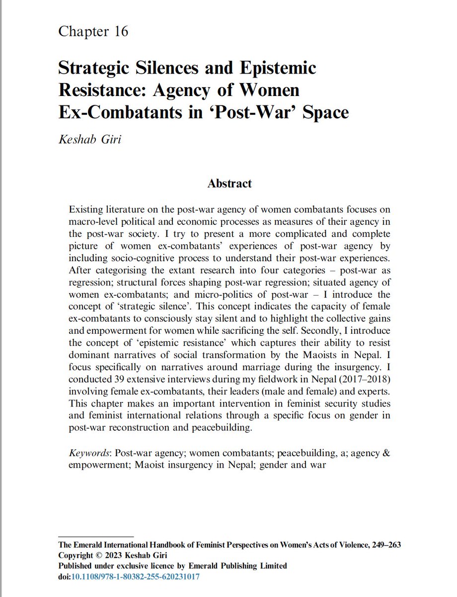 KeshabGiri_'s tweet photo. Delighted to share with you my new book chapter, 'Strategic Silences and Epistemic Resistance: Agency of Women Ex-Combatants in ‘Post-War’ Space'. I analyse women ex-combatants' post-war agency by introducing two concepts of 'strategic silences' and 'epistemic resistance' 1/2 https://t.co/d8XX87Jb64