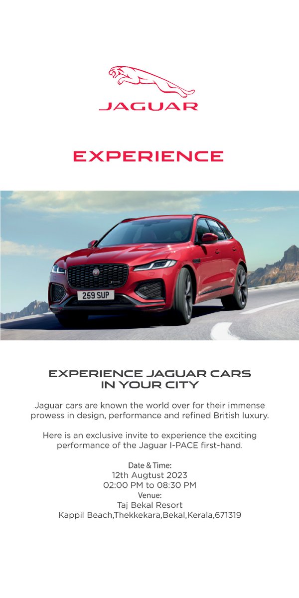 Here is an exclusive invite to experience the exciting performance of the jaguar I-PACE first-hand.

Call us at 04842886666 or visit muthootmotors.jaguar.in

#jaguarfpace #jaguarcars #jaguarxfsportbrake #muthootmotorsjaguar #jaguarkerala #muthootjlr