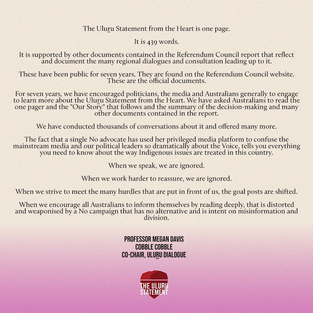 ulurustatement's tweet image. Let’s be clear what the Statement is and has always been - one page issued more than 6 years ago, inviting the Australian people to walk with us towards a better and more united future.’

Read more below.

#UluruStatement #StayTrue2Uluru #VoteYes