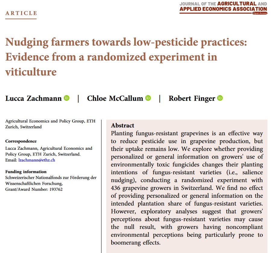 Robert Finger (@robertfinger1) on Twitter photo Nudging farmers towards low-pesticide practices: Evidence from a randomized experiment in viticulture 🍷
ICYMI: new <a href="/aecp_eth/">AECP</a> paper led by @lucca_zachmann with <a href="/ChloeMcCallum_/">Chloe McCallum</a> in <a href="/JournalAAEA/">Journal of the AAEA</a>
onlinelibrary.wiley.com/doi/full/10.10… Nudging farmers towards low-pesticide practices: Evidence from a randomized experiment in viticulture 🍷
ICYMI: new <a href="/aecp_eth/">AECP</a> paper led by @lucca_zachmann with <a href="/ChloeMcCallum_/">Chloe McCallum</a> in <a href="/JournalAAEA/">Journal of the AAEA</a>
onlinelibrary.wiley.com/doi/full/10.10…