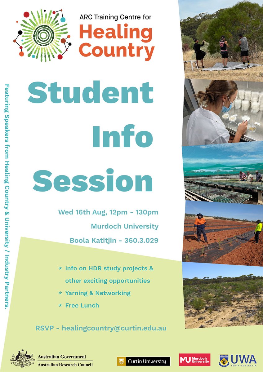 Calling all students 📢 Sharing appreciated 🔁

Come along to this <a href="/Healing_Country/">ARC Training Centre for Healing Country</a> ARC Training Centre event next week to learn about their research projects and other opportunities on offer 💬

Lunch will follow the presentations, with time for yarning and networking 🌱