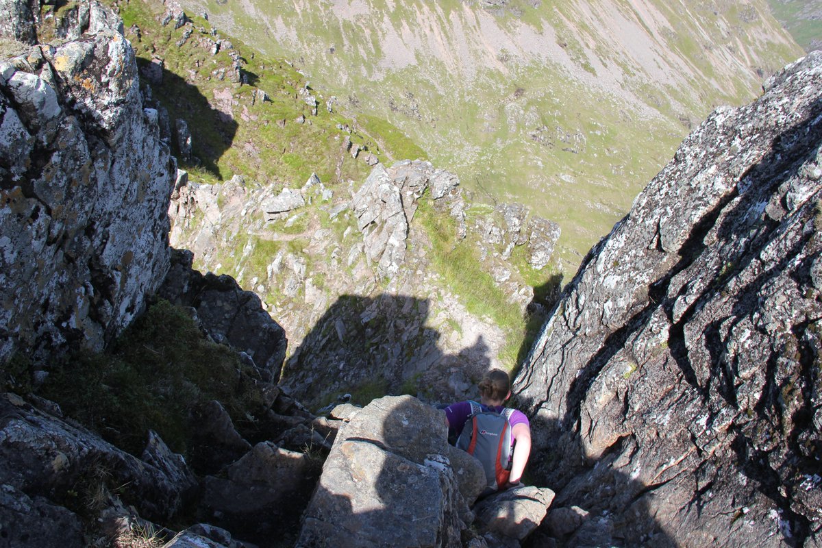 Despite what you may read in the media the Aonach Eagach is not a "walk" and scrambling is not simply using your hands only "for balance". The Aonach Eagach is a serious undertaking, especially in poor conditions when the rock is wet and slippery.