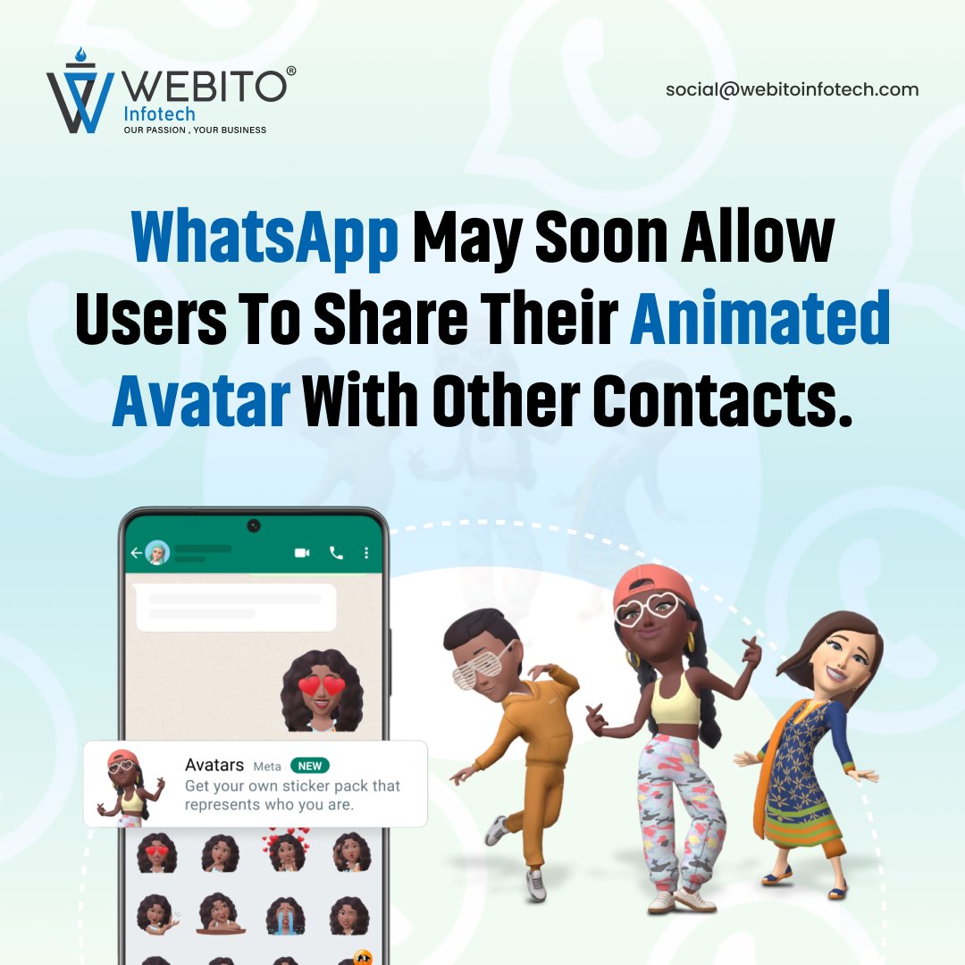 WebitoAI's tweet image. WhatsApp&apos;s latest update might bring a whole new level of fun and expression! 🚀✨ Users could soon share their animated avatars with friends, bringing chats to life with vibrant personalities! 🤩💬💃  

#WhatsAppAvatars #AnimatedFun #webito #Webitofun #webitoinfotech #IT