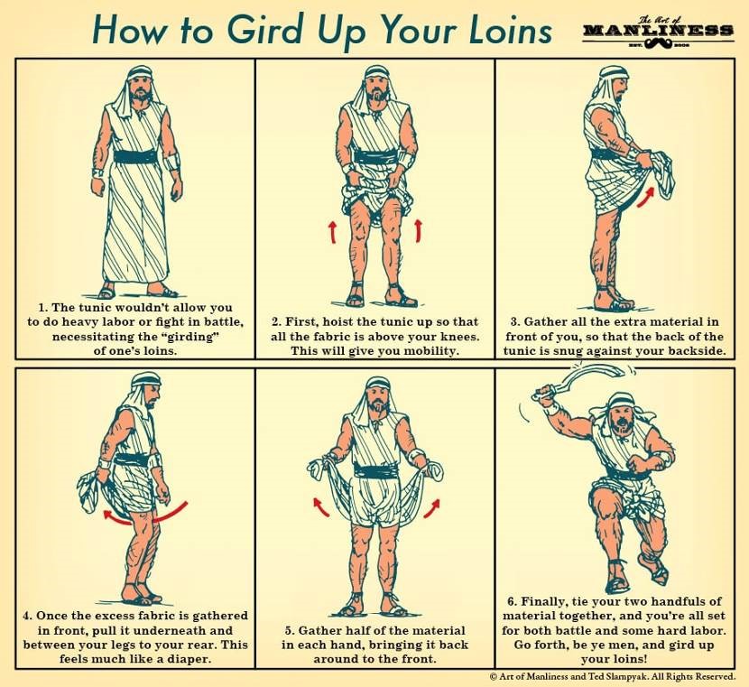 artinsociety's tweet photo. The Biblical injunction to “gird up thy loins like a man” (Job 38:3) refers to the need for blokes to get their tunic out of the way before engaging in manly acts (woodchopping, warring, looking tough etc). Here’s a step-by-step guide (Ted Slampyak) https://t.co/h1FDCfCME1 https://t.co/ePM6zj7K7E
