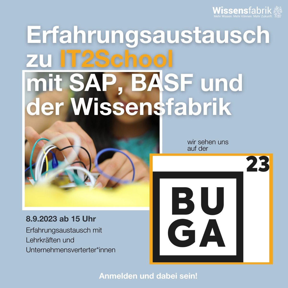 📣 Lehrkräfte und IT2School-Unterstützer*innen. Kommen Sie zu unserem Erfahrungsaustausch auf die #Buga23. 
Eintritt für teilnehmende Lehrkräfte inklusive! 
Zur Anmeldung: shorturl.at/AJOX5 

#twlz #bildung #informatik #schule