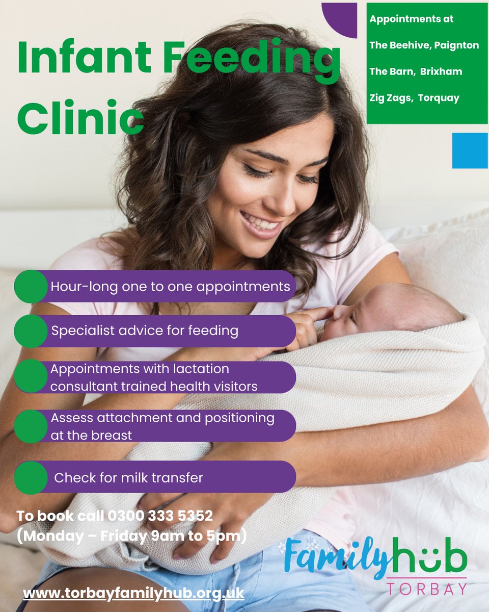 0to19Torbay's tweet image. Don't struggle with feeding your baby, come &amp;amp; talk to our infant feeding specialist. We have clinics in Paignton, Brixham and Torquay at the Family Hubs. Call us to book a one to one appointment. 
 #infantfeeding #feedingtips #babyhealth #feedingclinic #Paignton #Brixham #Torquay