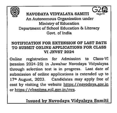 jnv_ballia's tweet photo. Last date to apply for JNVST 2024 has been extended up  to 17/8/23....

Heartfelt request to all of you to grab this golden opportunity and make collective efforts to have record breaking REGISTRATION TALLY from JNV BALLIA, Lucknow region...
@NVSHqNoida 
@nvsrolko https://t.co/Nt8ykHxn2s