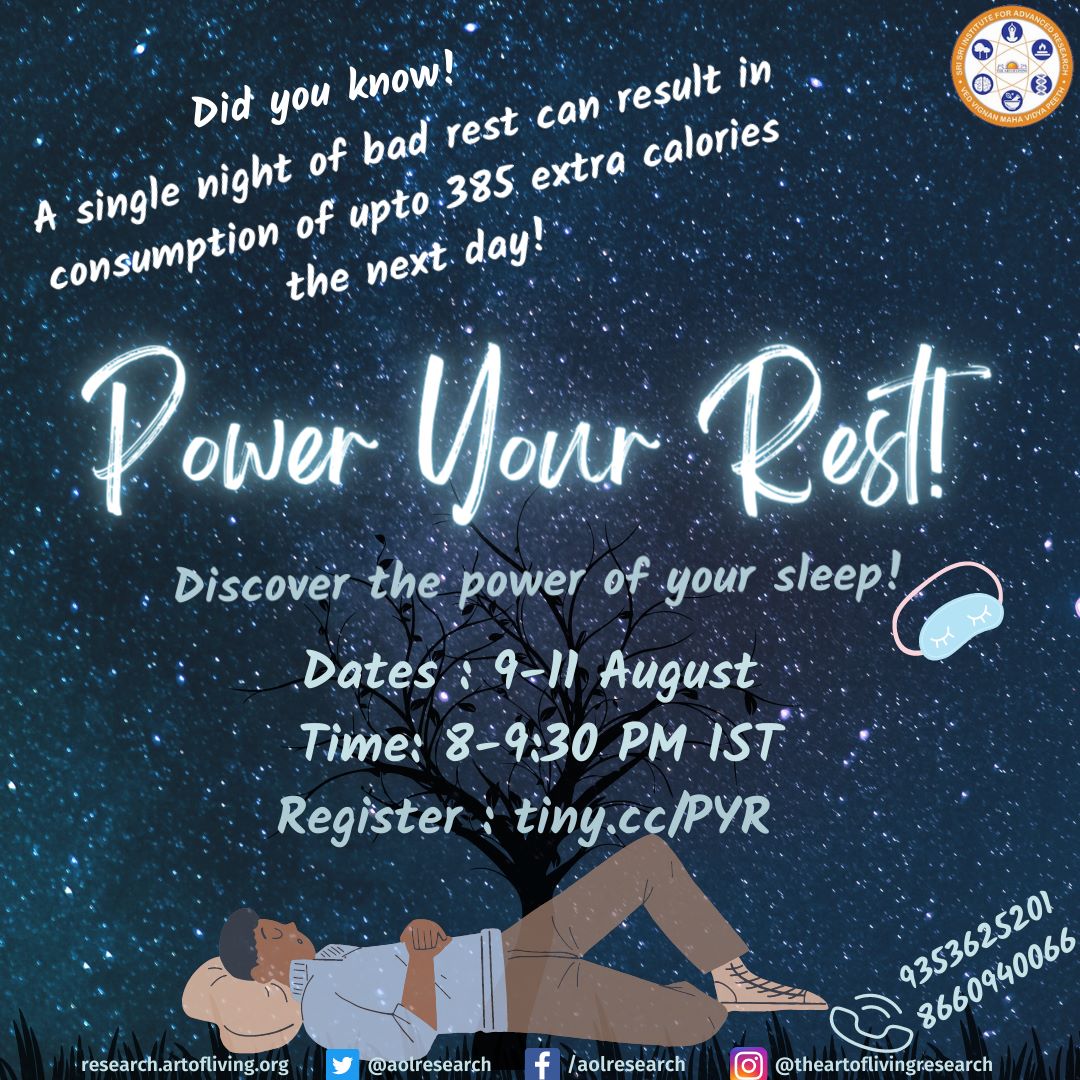 aolresearch's tweet photo. Last few hours remaining..! Register Now..!!
Deep Rest is essential to a #goodlife !π§ββοΈ
SSIAR Presents a new workshop:
*Power Your Rest
Register Now: https://t.co/izXZoI9FzZ
π: 9th - 11th Aug
π°οΈ: 8 - 9.30 pm
π: 9353625201
#ssiar #research #artofliving #aolresearch https://t.co/01Fy6i1XQp