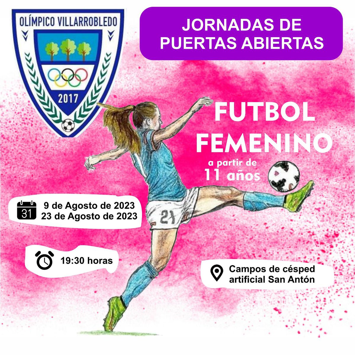 OlimpicoVdo's tweet photo. 🚨ATENCIÓN CHICAS OS RECORDAMOS 🚨 

🗓️ HOY 9 Agosto 2023

🕣19:30 h

🚪DIA DE CAPTACIÓN DE PUERTAS ABIERTAS

🏟️Campos césped artificial San Antón

CLUB DEPORTIVO OLIMPICO VILLARROBLEDO

#olimpico #villarrobledo #somosdeporte https://t.co/7QYSqyrAZk