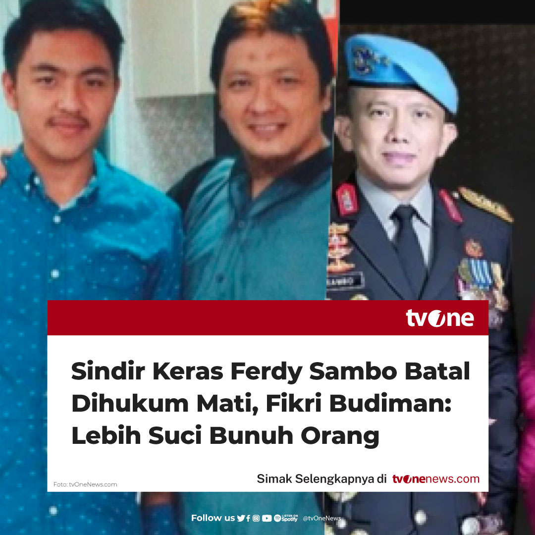 tvOneNews's tweet photo. Kabar mengejutkan datang dari putusan kasasi Mahkamah Agung (MA) terhadap Ferdy Sambo yang memutuskan membatalkan pidana mati pada Selasa (8/8/2023).

Banyak pihak kemudian turut berkomentar mengomentari perubahan hukuman Ferdy Sambo yang dianggap mengecewakan ini.

Bahkan Fikri Budiman sampai mengeluarkan pernyataan menohok terkait pengurangan hukuman Ferdy Sambo ini. Menurut Fikri Budiman, tujuan asli dari dijatuhkannya hukuman mati Ferdy Sambo adalah hanya untuk meredam suara masyarakat.

"Hahahahah kan udah di bilang.. tujuan hukuman mati kemarin untuk meredam suara masyarakat, ketika masyarakat sudah diam barulah kondisi sebenarnya terjadi," ucap Fikri Budiman

"Lebih suci bunuh orang daripada narkoba," tulis Fikri Budiman di Instastory akun pribadinya.

Simak berita selengkapnya di https://t.co/3UopCKRnHS
#HardNews_Hukum #NewsOne #CariBeritaditvOne #FerdySambo #KasusBrigadirJ #PutriCandrawathi #FikriBudiman #AnakFreddyBudiman