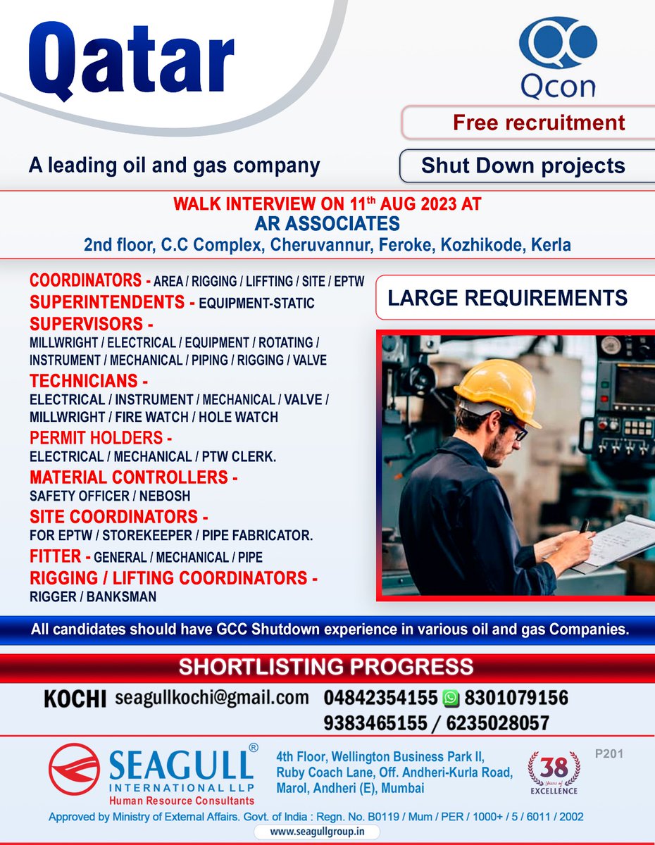 hrd1_seagull's tweet photo. QATAR JOBS- FREE RECRUITMENT
SHUT DOWN PROJECT
SHORTLISTIG IN PROGRESS
WALK IN INTERVIEW 11th AUGUST 2023
.
.
.
#qatarjobs #kochijobs #areacoordinators #supervisors #technicians #permitholders #materialcontrollers #sitecoordinators #rigging https://t.co/7OYGr6ZMeQ