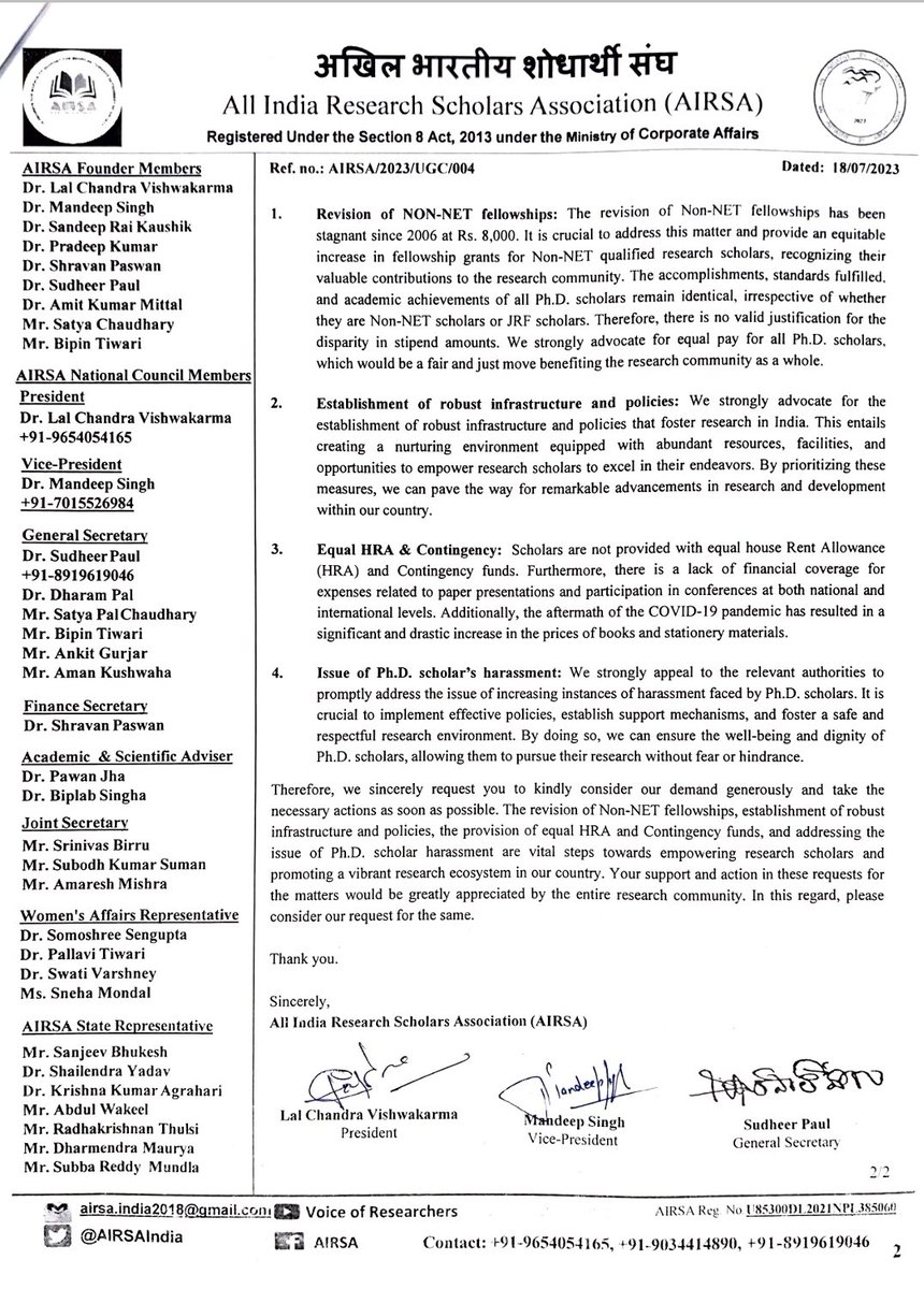 AIRSAIndia's tweet photo. #NonNetFellowshipHike 
We have requested several time to the @ugc_india secretary office for NON-NET fellowship hike but we didn't get positive response so far @mamidala90 @dpradhanbjp @DrJitendraSingh @EduMinOfIndia https://t.co/Y2YYvek6IY