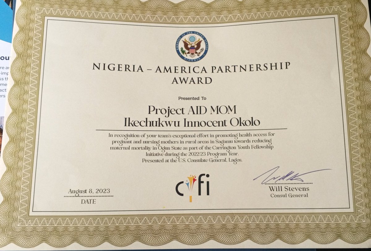 Okoloikechukwu_'s tweet photo. We Won the NIGERIA-AMERICA PARTNERSHIP AWARD π
I am absolutely thrilled and honored to share that our Project Aidmoms have been awarded the CYFi overall best project of the year.
Thanks to my team member Titi Akinlose Titilayo and @milecentfdn
#projectaidmoms #milecent #cfyi https://t.co/PWPq65JhBz