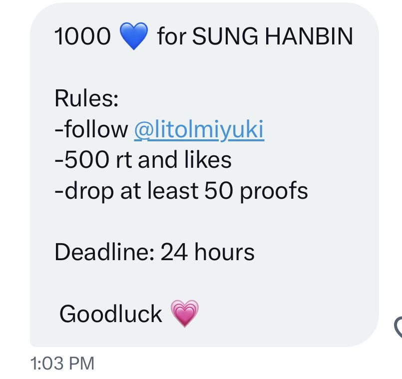 besthaobin's tweet photo. 1000 💙 for SUNG HANBIN

Rules:
-follow @litolmiyuki 
-500 rt and likes
-drop at least 50 proofs

Deadline: 24 hours

 Goodluck 💗

#성한빈 #SUNGHANBIN #ソン·ハンビン #成韓彬 #제로베이스원 #ZEROBASEONE #ZB1 https://t.co/1wEqnMb66b