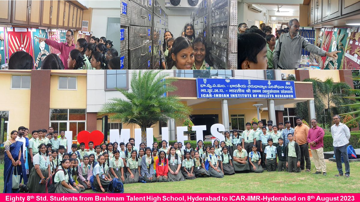 MilletsNews's tweet photo. 80 Students - 8 Standard - Visited ICAR-IIMR-HYD on 8 Day - 8 Month - 2023. They were briefed about types &amp; diversity, conservation &amp; utilization, nutritional &amp; health benefits of millets and urged them to diverse their food plates with millets to combat the lifestyle diseases. https://t.co/BbaZTcV7p1
