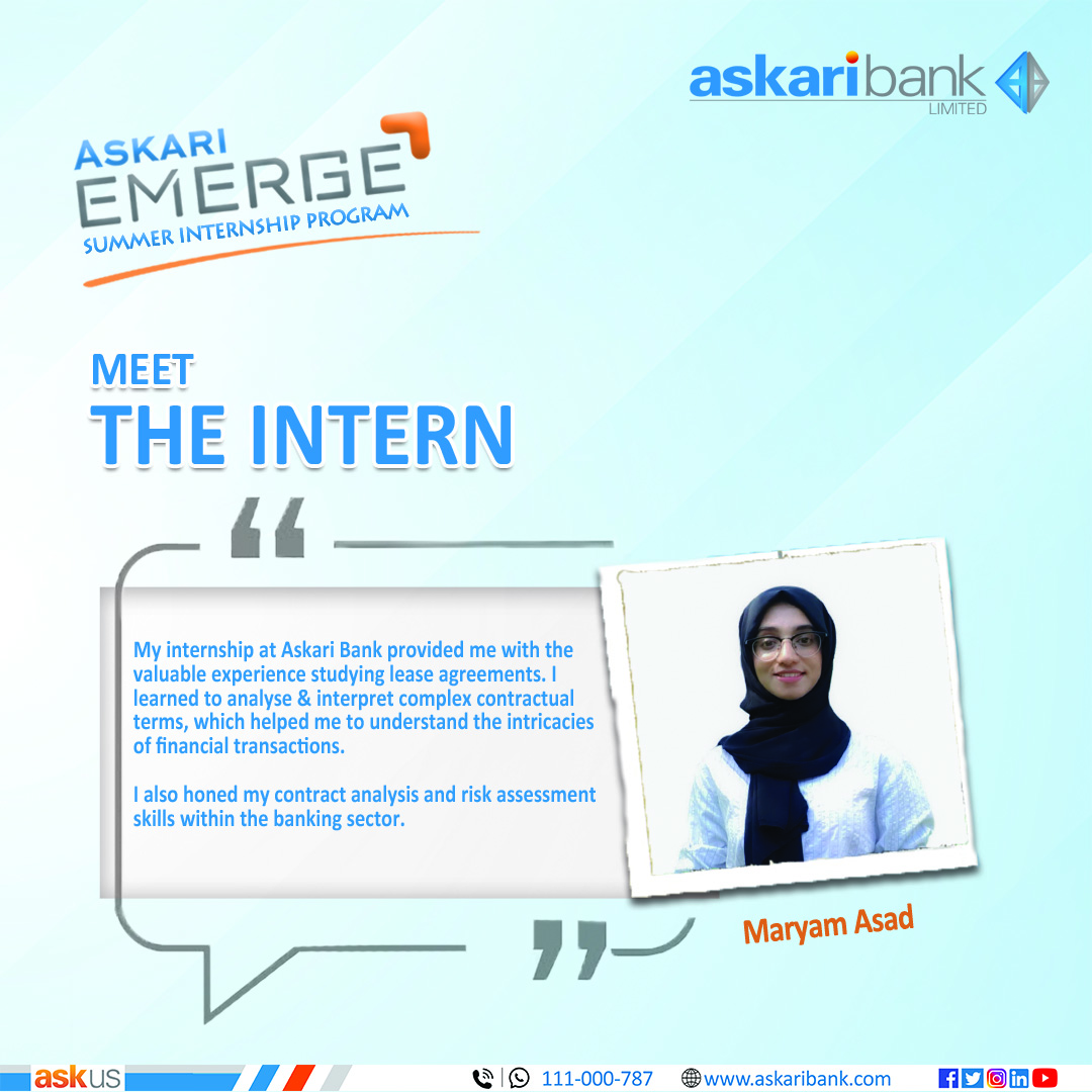 Askari_Bank's tweet photo. Meet The Intern - Maryam Asad | Askari Emerge
#AskariBank #MeetTheIntern #MaryamAsad #AskariEmerge #SummerInternship #Finance #Banking https://t.co/iXd9Kzq6am
