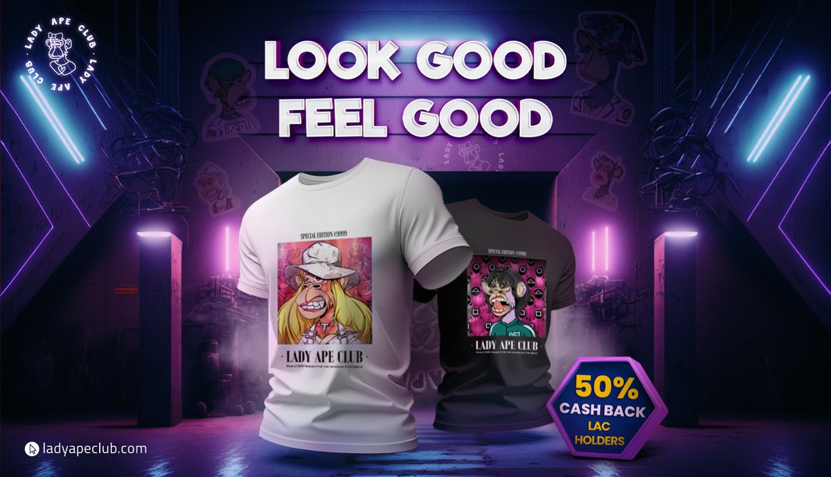 ladyapeclub's tweet photo. Unlock irresistible fashion with just a click👆
✨Visit #LAC Shop to check out the coolest Special Edition T-shirts, and if you're a LAC lover, enjoy shopping with a delightful twist!
All LAC NFT holders get a generous 50% cashback on purchase from the #LACShop.
🛍 Shop Now: https://t.co/fXizHbmMEH
#LadyApeClub #NFTs #ladyape #lactshirt #NFT